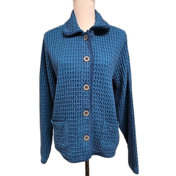 Mododoc Waffle Weave Button Jacket Coat Teal Blue 100% Cotton Women’s Size S - Picture 1 of 9